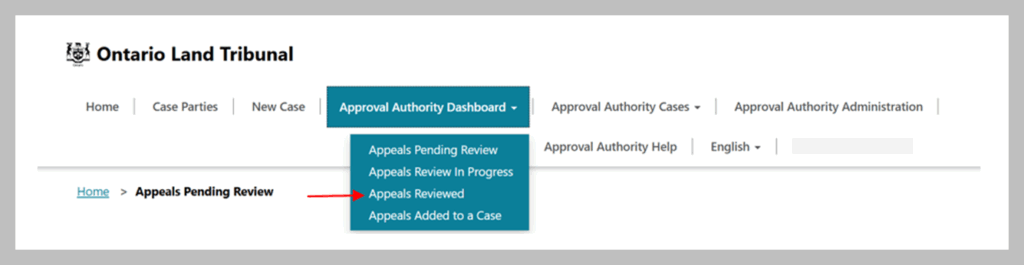 Screenshot showing Ontario Land Tribunal home page with Approval Authority Dashboard tab shown with a red arrow highlighting the Appeals Reviewed tab on the top right corner