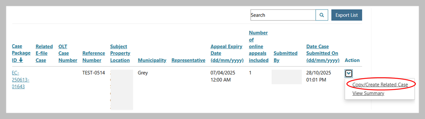 Screenshot of Submitted Cases list showing dropdown menu under the Action column with Copy/Create Related Case circled in red.