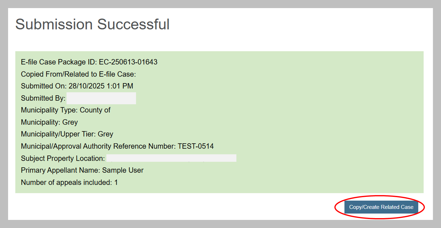 Screenshot showing Submission Successful page with Copy/Create Related Case button in bottom right corner circled in red.
