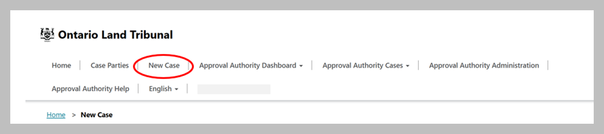 Screenshot showing a red circle highlighting the ‘New Case’ option on the Ontario Land Tribunal home page.