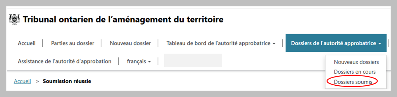 Saisie d’écran de la page d’accueil du dépôt électronique avec l’onglet Dossiers de l’autorité approbatrice affiché; l’option Dossiers soumis est encerclée en rouge. 