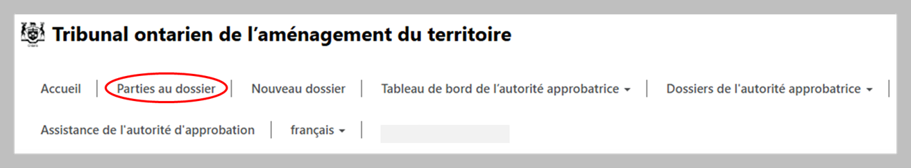 Capture d’écran montrant un cercle rouge mettant en évidence l’option « Parties au dossier » sur la page d’accueil du Tribunal ontarien de l’aménagement du territoire