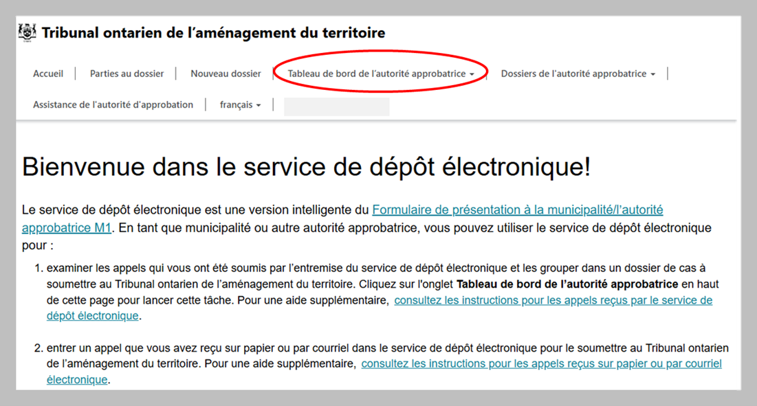 Capture d’écran montrant la page « Service de dépôt électronique » avec un cercle rouge entourant « Tableau de bord de l’autorité approbatrice » onglet et « Dossiers de l’autorité approbatrice » onglet.